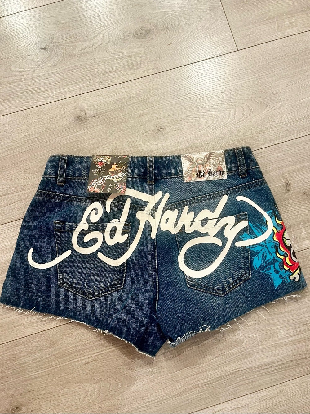 Ed Hardy Dark Blue Denim Logo Cutoff Shorts with Multicolor Graphic